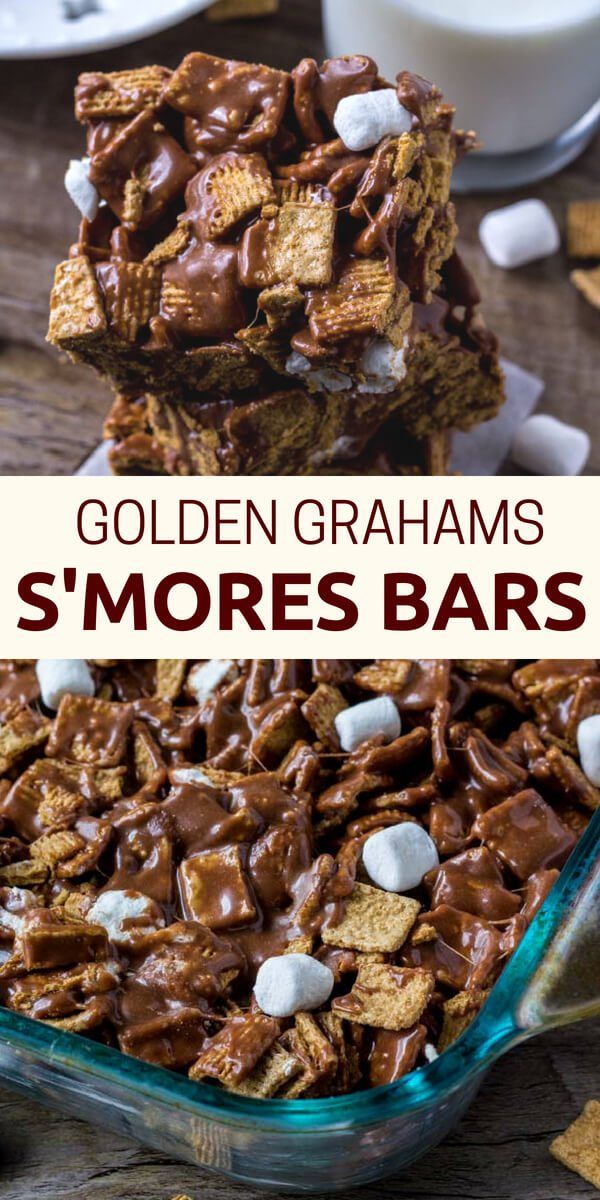 golden graham s'mores bars are stacked on top of each other in a glass dish