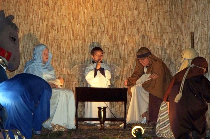 the nativity scene features three wise men and two women dressed in costumes, including donkeys