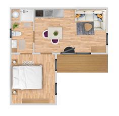 an overhead view of a bedroom and living room in a small apartment with wood flooring