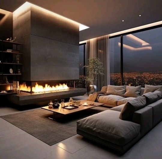 a living room with a large couch and fire place in the center, overlooking cityscape