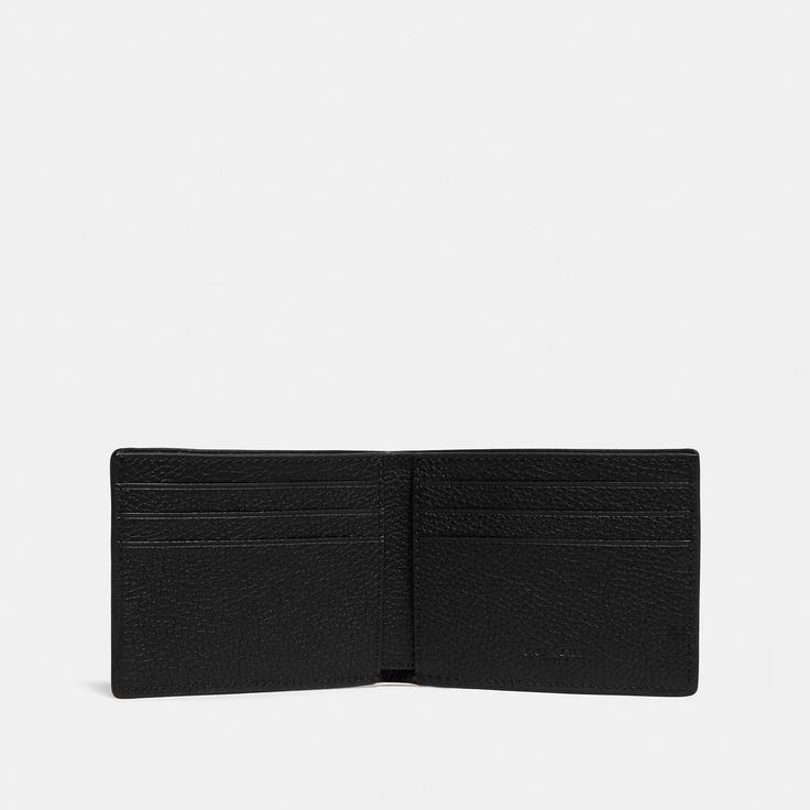 Crafted of our Signature polished pebble leather this slender wallet features six card slots and a full-length bill compartment in a neat bifold design that slips easily into pockets. | Coach Slim Billfold Wallet In Signature Leather - Black Coach Bifold Card Holder With Interior Slots, Coach Trifold Wallet With Card Slots, Modern Coach Wallets With Interior Card Slots, Coach Wallets With Interior Card Slots For Formal Use, Coach Wallets With Interior Card Slots For Formal Occasions, Formal Coach Wallets With Interior Card Slots, Classic Coach Bifold Card Holder, Coach Bifold Card Holder For Formal Occasions, Coach Bifold Card Holder With Card Slots