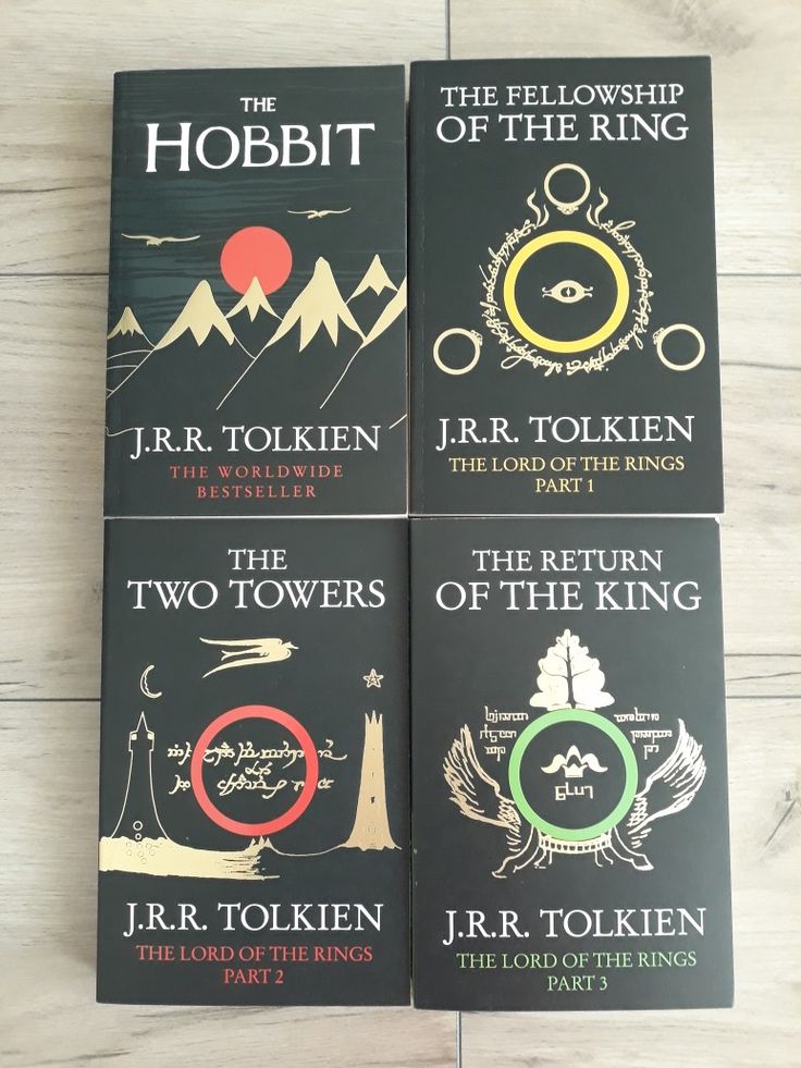 three books sitting on top of a wooden floor next to each other, the lord of the rings and the fellowship of the rings