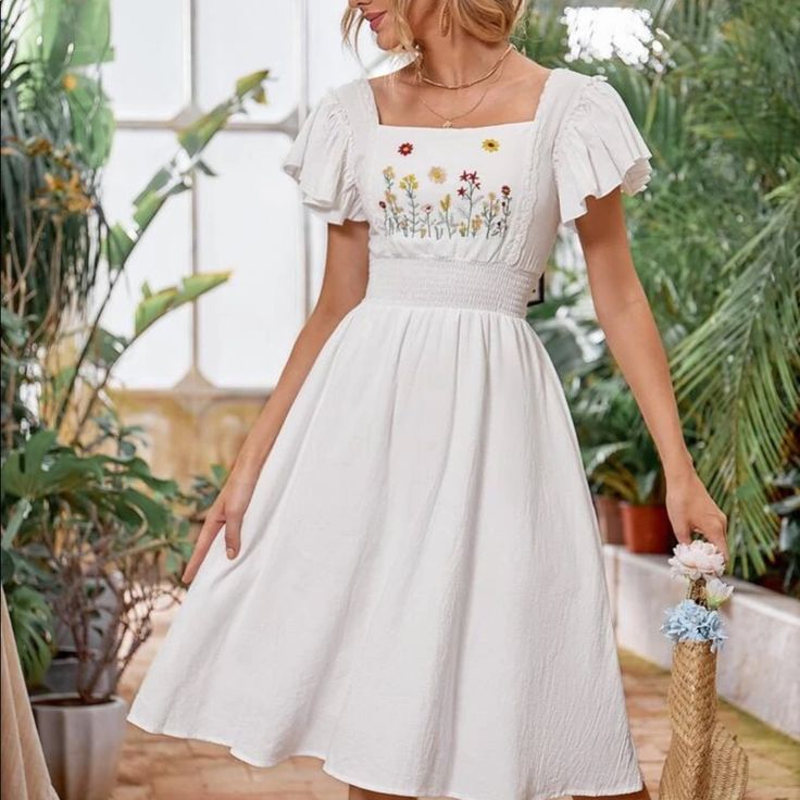 White Embroidery Dress White Embroidered A-line Dress For Spring, Embroidered Square Neck Dresses For Garden Party, White Floral Embroidery Dress For Garden Party, A-line Dress With Floral Embroidery For Brunch, White A-line Midi Dress With Floral Embroidery, White Feminine Embroidered Midi Dress, White Square Neck Dress With Floral Embroidery, Casual Floral Embroidered Dress For Garden Party, Spring A-line Embroidered Dress With Floral Embroidery