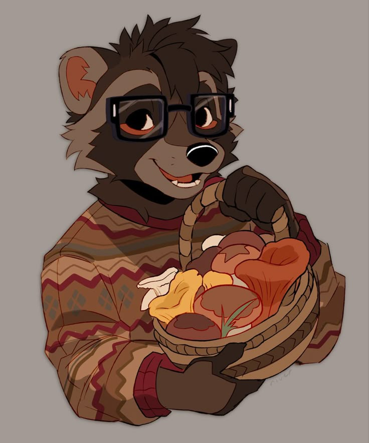 a raccoon wearing glasses holding a basket full of food