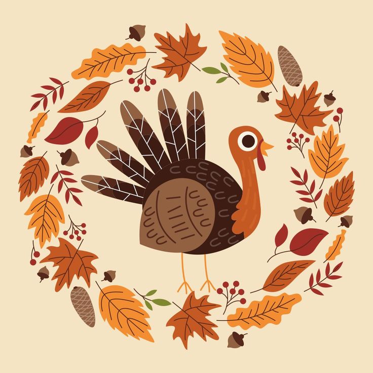 a turkey surrounded by leaves and acorns in a circle on a beige background