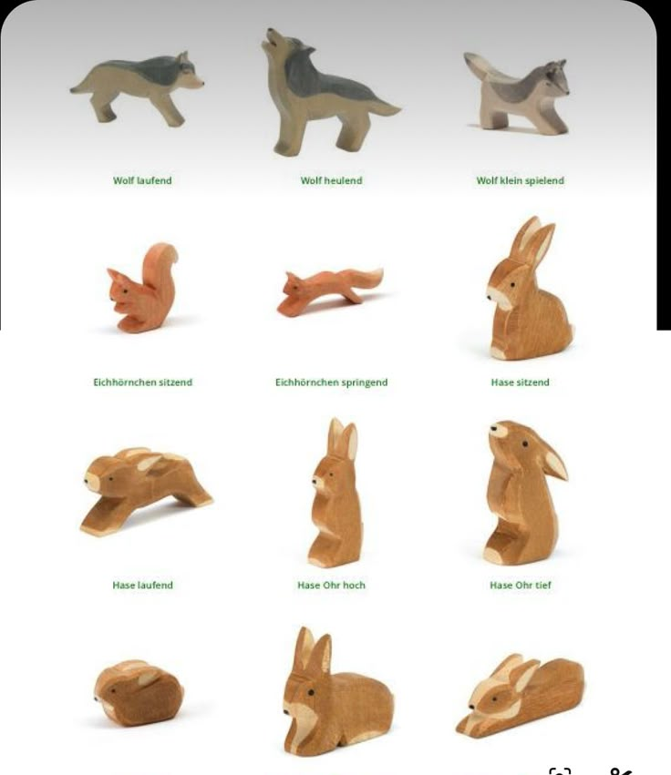 the different types of wooden animals are shown in this image, including rabbits and foxes