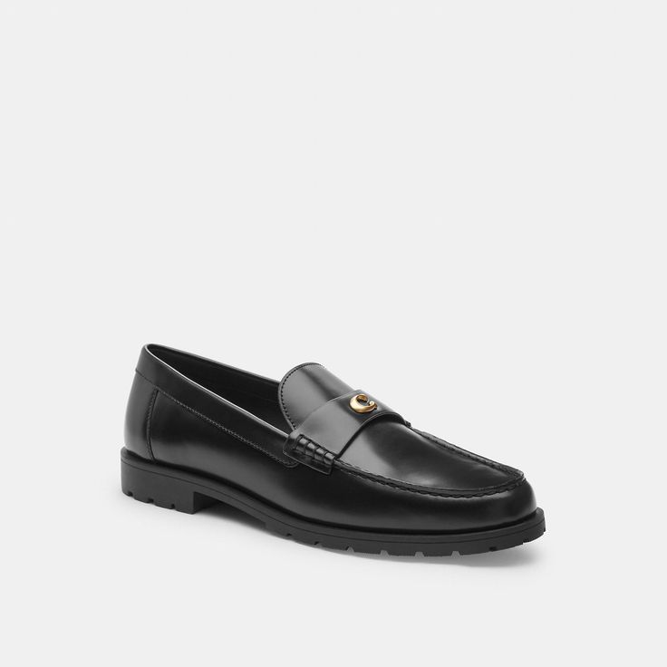 Crafted of smooth leather the Jocelyn loafer will take you to work happy hour and anywhere in-between. Featuring our polished Signature for a heritage touch the slip-on silhouette is finished with a comfortable padded footbed and a rubber outsole for added traction. | Coach Jocelyn Loafer Shoes - Women's Size 5.5 - Black Slip-on Moc Toe Loafers For Office, Classic Flat Slip-ons For Business, Brogue Detail Slip-on Loafers For Work, Coach Leather Loafers With Round Toe, Coach Loafers With Leather Sole For Work, Classic Platform Loafers For Formal Wear, Elegant Business Platform Loafers With Stitched Sole, Coach Round Toe Business Loafers, Coach Almond Toe Loafers For Work