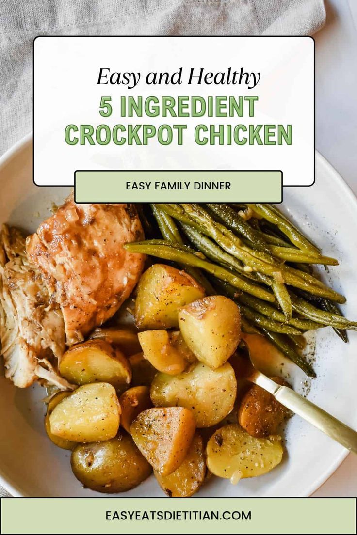 a white plate topped with chicken, potatoes and green beans next to an easy dinner recipe