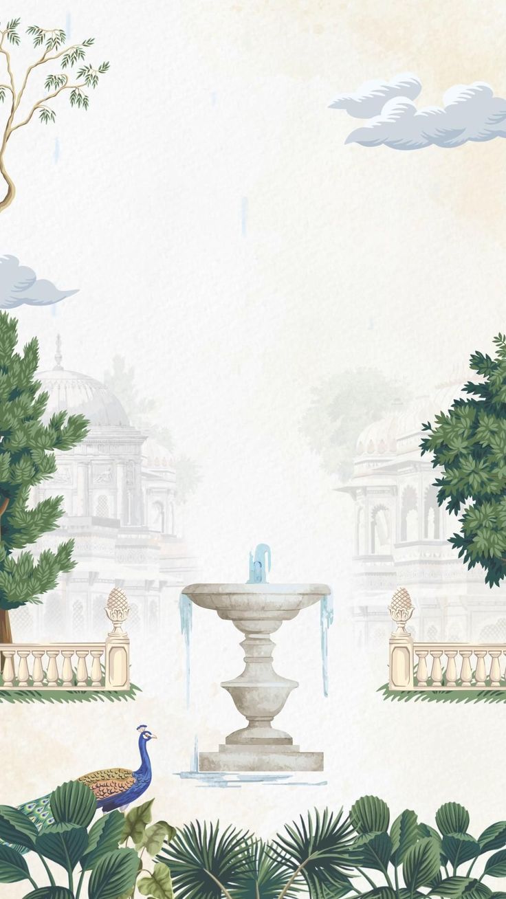 a peacock is standing in front of a fountain with trees and bushes around it on a beige background