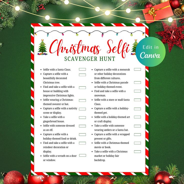 a christmas self scavenger hunt is shown on a green background with red and white ornaments