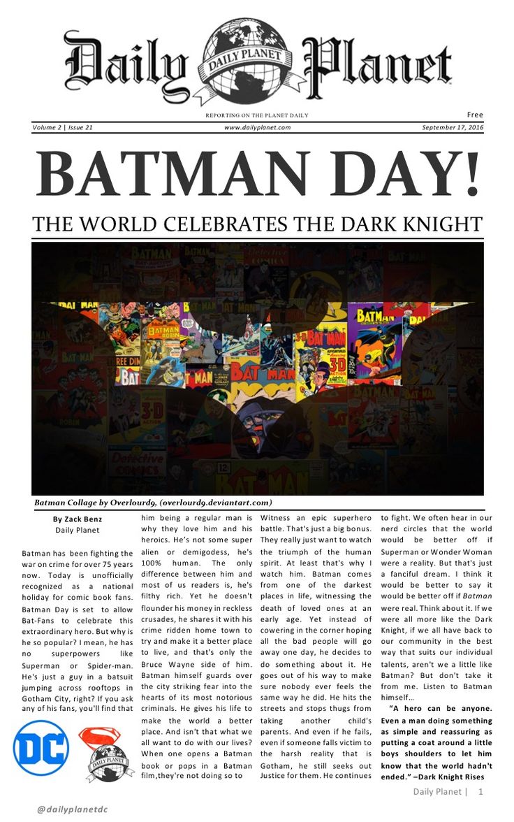 the front page of daily planet batman day, with an image of comic characters on it