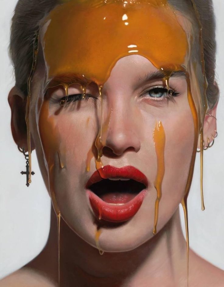 a painting of a woman's face with chocolate dripping on her cheek and lips