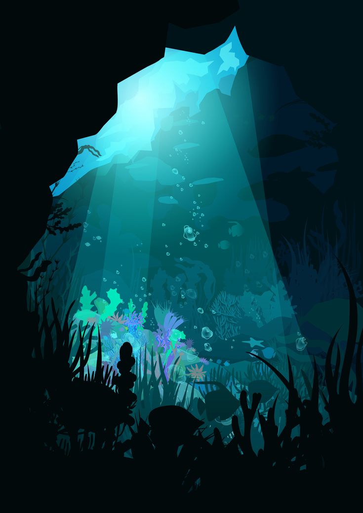 an underwater scene with fish and plants under the water, silhouetted against a dark background