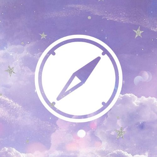 an image of a purple sky with stars and a white compass on it's side