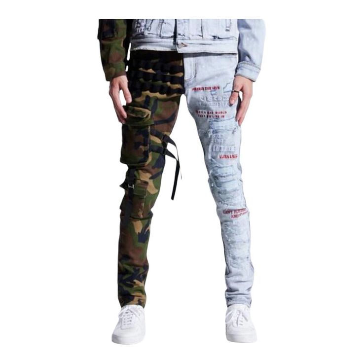 Splitcargo Pants Skinny Fit 98% Cotton, 2% Spandex 34" Standard Inseam Military Style Jeans With Side Pockets For Streetwear, Military Straight Leg Jeans With Cargo Pockets, Military Cargo Style Camouflage Jeans, Military Cargo Style Jeans For Streetwear, Military Camouflage Cargo Jeans, Camouflage Military Cargo Jeans, Military Style Cotton Jeans With Multiple Pockets, Casual Camouflage Denim Pants, Military Camouflage Jeans With Cargo Pockets