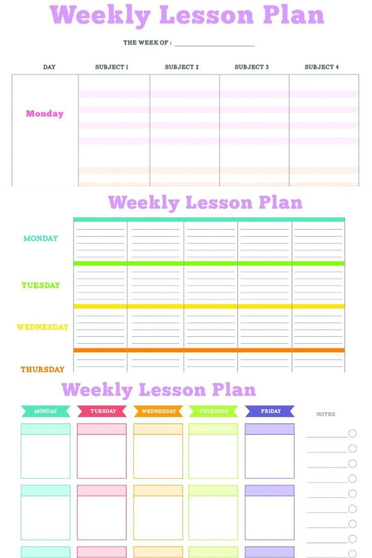 the weekly lesson plan is shown in pink, blue and green with colorful lines on it