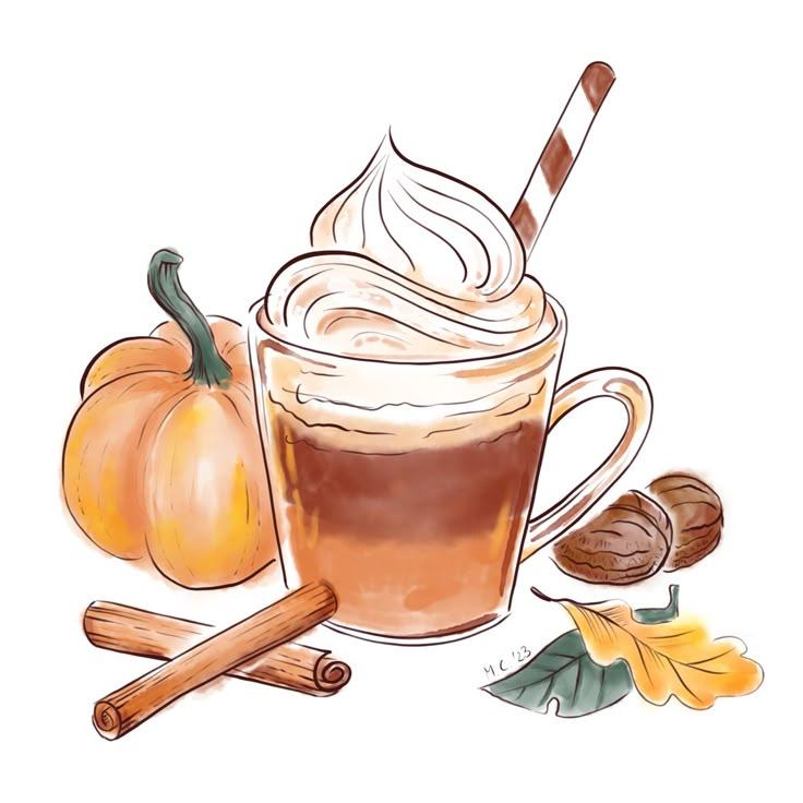 a drawing of a cup of coffee with whipped cream and cinnamon sticks next to it