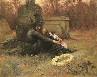 a painting of a woman sitting on the ground with her dog next to a grave