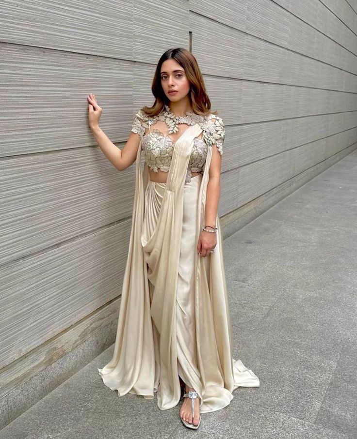 Draped Sari Design, Drape Dresses Indo Western Gown, Drape Dresses, Casual Bridal Dress, Trendy Outfits Indian, Lehenga Designs Simple, Anarkali Dress Pattern, Fancy Sarees Party Wear, Womens Trendy Dresses