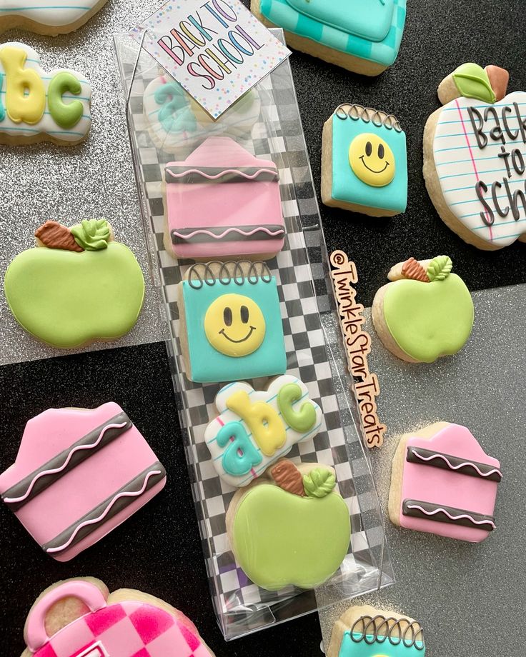 decorated cookies in the shape of school supplies