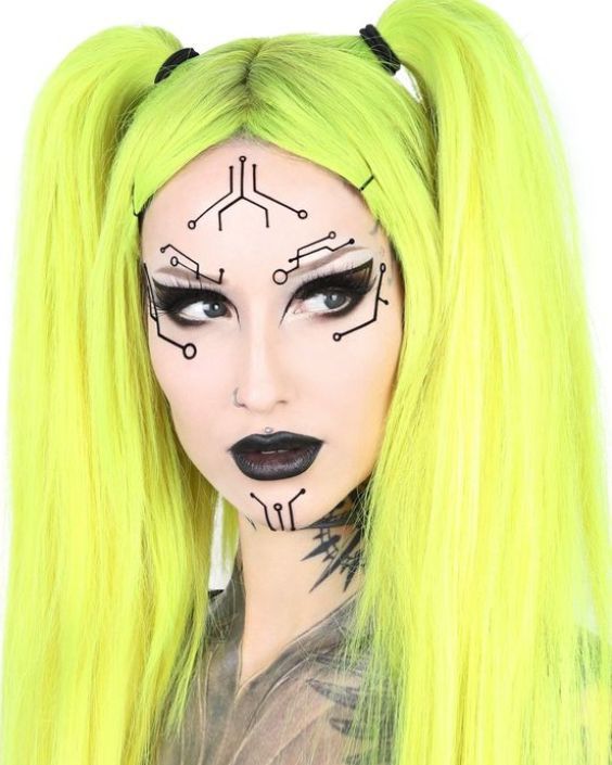 Top 15 Stunning Euphoria Makeup Looks That Redefine Glamour Sci Fi Face Paint, Futuristic Face Paint, Simple Robot Makeup, Cool Make Up Looks Creative, Robot Makeup Look Simple, Robot Halloween Makeup, Tron Makeup, Robot Makeup Cyborgs, Robotic Makeup