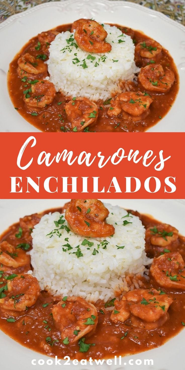 two plates filled with rice and shrimp in tomato sauce, on top of each other