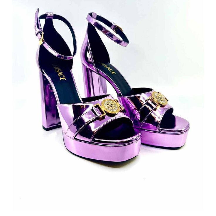 Versace Lilla Crystal Medusa Sandals | Size 6.5 New In Box Versace Shoes Heels, Versace Heels, Versace Sandals, Versace Shoes, Embellished Heels, Vintage Versace, Ankle Strap Sandals Heels, Platform Mary Janes, Pink Pumps