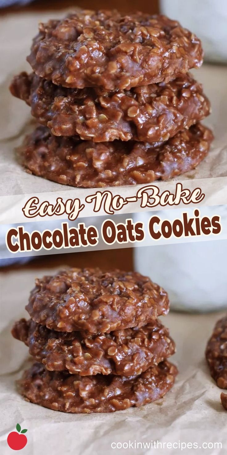 chocolate oat cookies stacked on top of each other with the words easy no - bake chocolate oats cookies