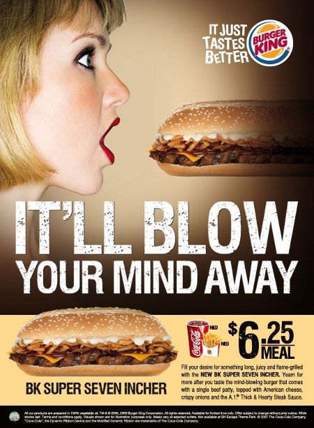 an advertisement for burger king featuring a woman eating a giant hamburger with her mouth open