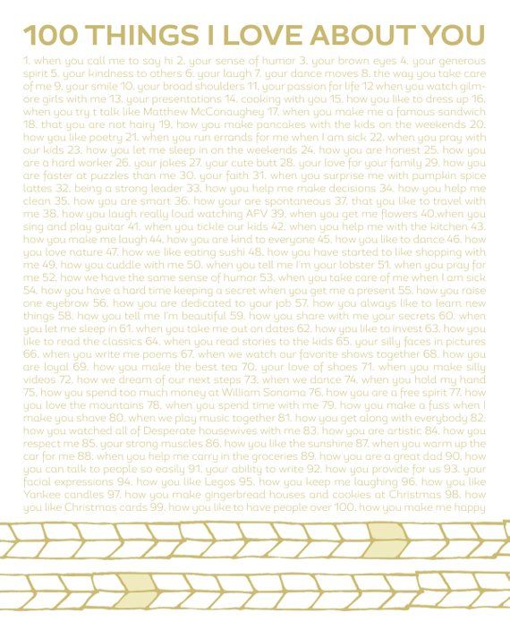 a card with the words, 100 things i love about you in gold and white