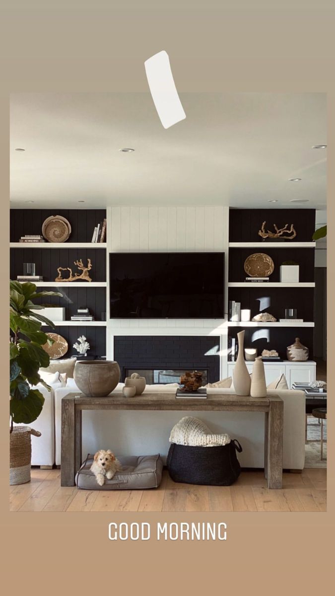 a living room filled with furniture and a dog laying on top of a pillow in front of a tv