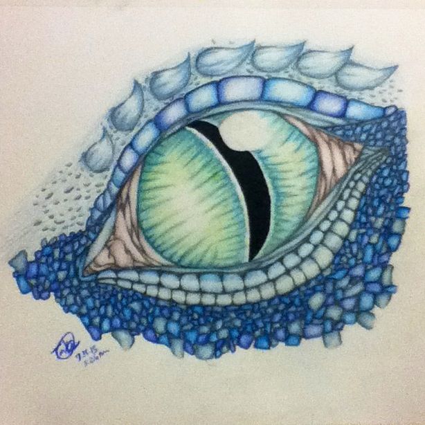 a drawing of an eye with blue and green irises on it's side