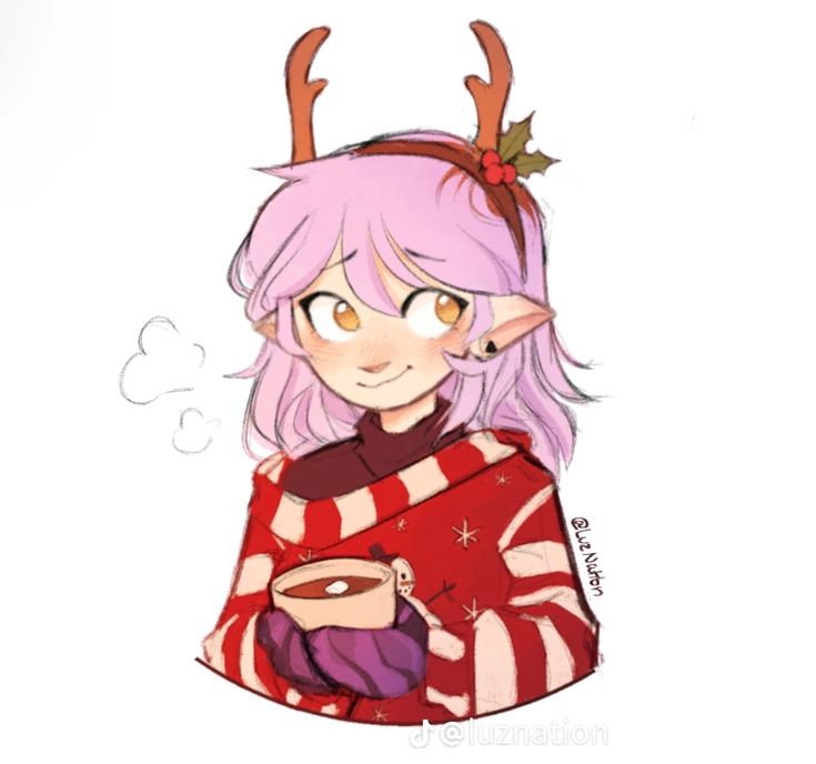 a drawing of a girl with pink hair and antlers on her head, holding a cup