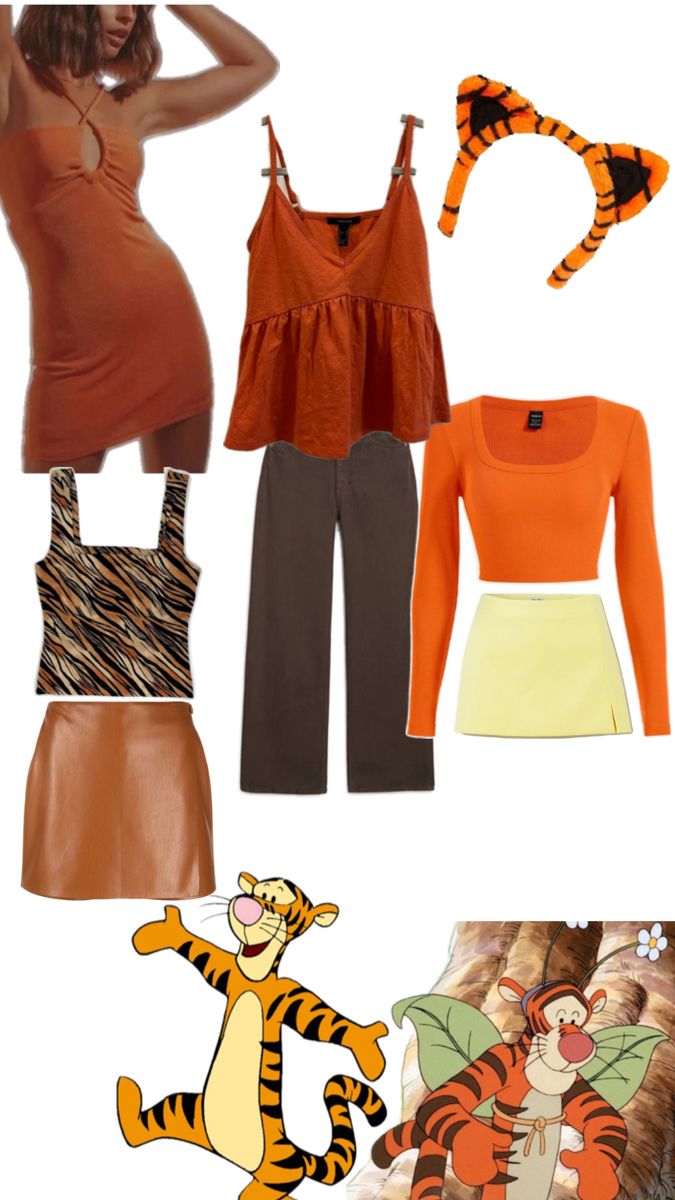 a woman in an orange top and brown pants with tigger on her stomach, wearing a