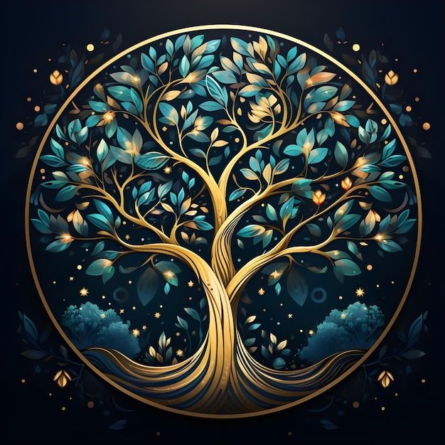 a golden tree with blue leaves in a circle on a black background, surrounded by stars and sparkles