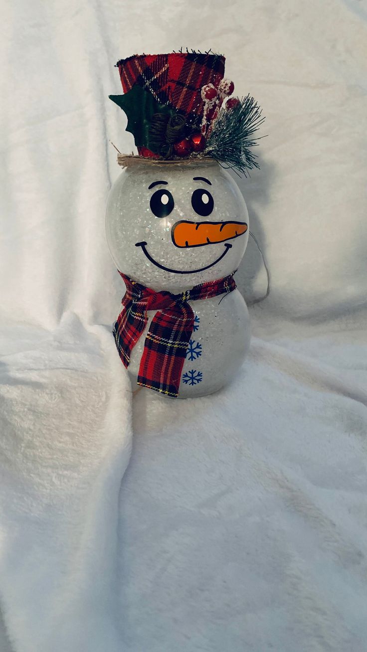 a snowman with a hat and scarf on it's head