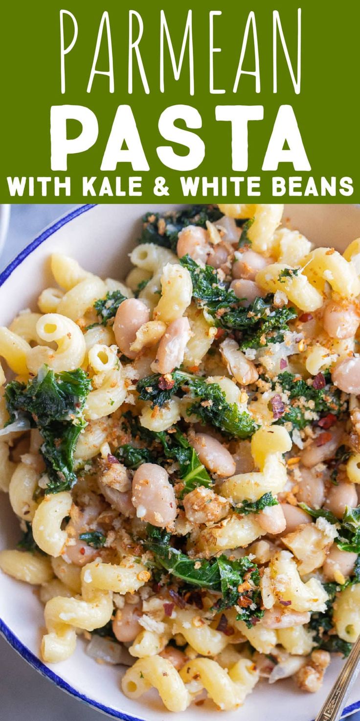 pasta with kale and white beans in a bowl