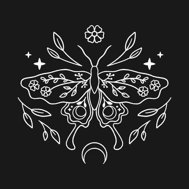 a black and white drawing of a butterfly with leaves on it's wings, surrounded by stars