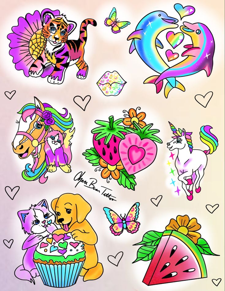 an assortment of stickers with animals and hearts on them, all in different colors