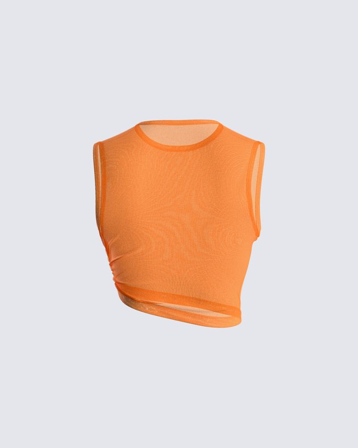 Nothing better than a colorful basic that can complete any look 🧡 Made from an orange mesh fabric - this asymmetrical crewneck tank is the pop of color we all need in our closet 👏🏼 Leave little to the imagination -- top is sheer & undergarments are not included Trendy Orange Tops For Layering, Casual Sleeveless Mesh Crop Top, Casual Mesh Sleeveless Crop Top, Casual Sheer Mesh Tank Top, Spring Asymmetrical Sheer Top, Sheer Asymmetrical Spring Tops, Sheer Asymmetrical Top For Spring, Summer Crop Top With Mesh Back, Mesh Back Crop Top For Summer