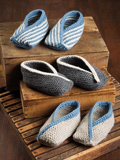 New from Annie's Signature Collection -- the adult version of the best-selling Tiptoe Slippers!   This quick and easy weekend project is perfect for a last-minute gift or if you just need a quick-to-stitch project to keep you busy. The moccasin-like slippers will hug your feet and keep you warm throughout the day. Knit with 1 ball of each color of Plymouth Yarn® Encore® Chunky using 4 U.S. size 9/5.5mm double-point needles. Knitted Gifts Ideas, Knitted Gifts, Easy Weekend Projects, Annie's Crochet, Easy Knit, Knitting Books, Knitted Slippers, Crochet Books, Crochet Shoes