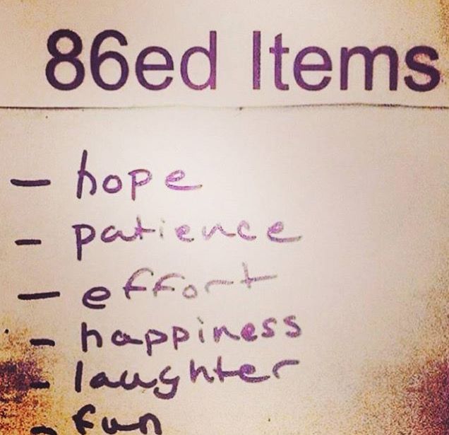 a sign on the side of a building that says 86 bed items hope, patience, effort, happiness and laughter