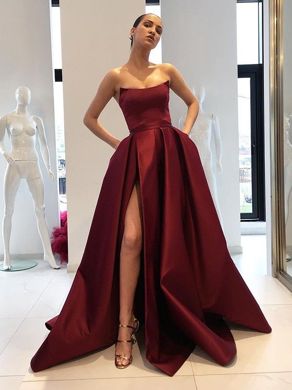 Ball Gown Sleeveless Strapless Sweep/Brush Train Ruffles Satin Dresses Split Prom Dresses, Navy Blue Prom Dresses, Strapless Prom Dresses, Prom Dresses With Pockets, Corset Dress Prom, Graduation Dresses, Burgundy Prom Dress, فستان سهرة, Beauty Dress