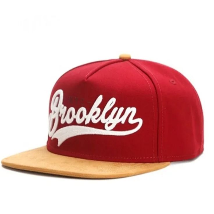 Nwot Red Cap "Brooklyn" Written In White On The Front With Tan Peak, Adjustable Back Red Letter Print Snapback Trucker Hat, Red Urban Snapback Hat, Urban Red Snapback Hat, Urban Style Red Snapback Hat, Red Sports Baseball Cap With Letter Print, Red Baseball Cap With Letter Print For Sports, Red Letter Print Hat For Baseball Season, Adjustable Red Hat With Letter Print, Red Hats With Letter Print And Curved Bill