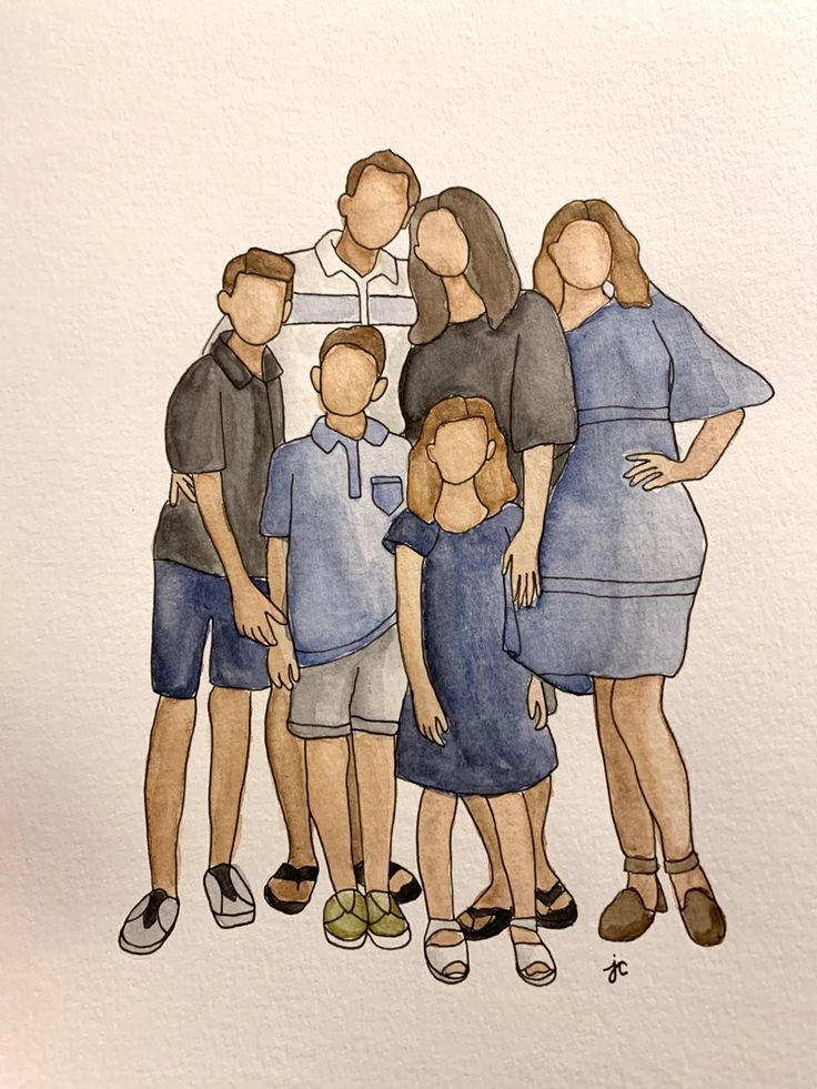 a watercolor drawing of a family standing together