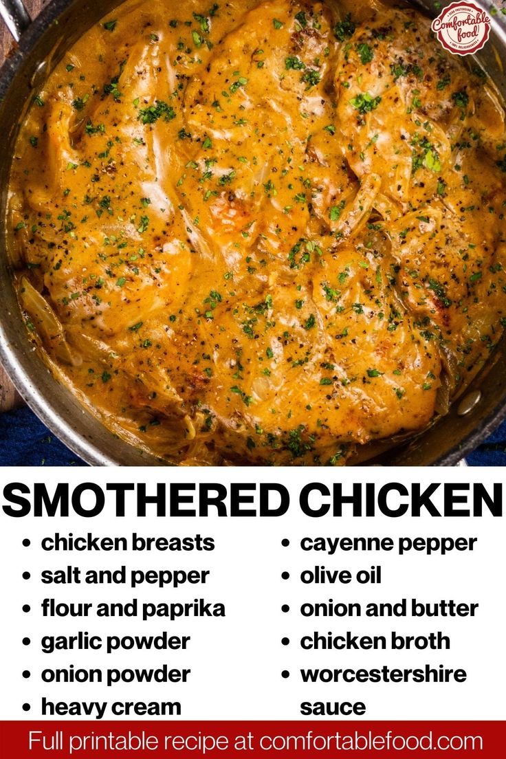 the recipe for smothered chicken in a skillet is shown with instructions to make it