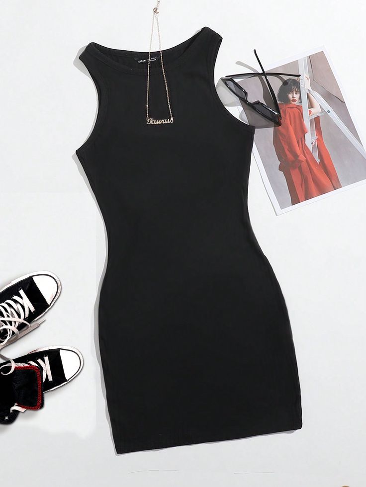 Casual Simple Round Neck Sleeveless Midi Bodycon Summer Dress For Women Black Casual  Sleeveless Knitted Fabric Plain Tank Slight Stretch  Women Clothing, size features are:Bust: ,Length: ,Sleeve Length: Cute Dress Outfits, Mini Robes, Black Bodycon Dress, Bodycon Midi, Midi Dress Sleeveless, Black Casual, Summer Dresses For Women, All Fashion, Cute Dresses