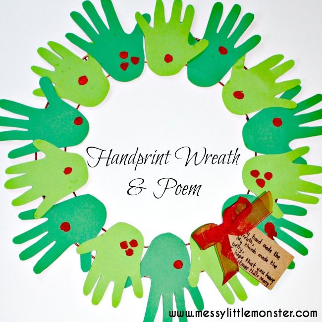 handprint wreath with green hands and red dots on the bottom, surrounded by words that read christmas handprint wreath & poem