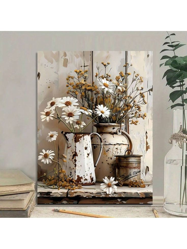 a painting of daisies and watering cans on a table