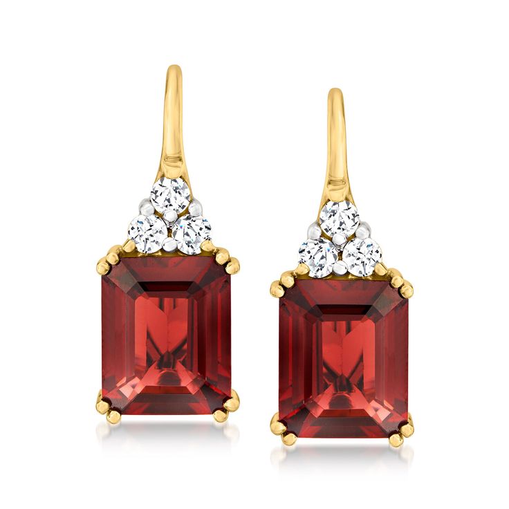 Ross-Simons - 7.00ct t. w. Garnet, .38ct t. w. Diamond Drop Earrings in 14kt Yellow Gold. On this sophisticated pair, deep 7.00 ct. t. w. emerald-cut garnets beckon a warm radiance below shimmering clusters of .38 ct. t. w. round brilliant-cut diamonds. Crafted in 14kt yellow gold. Hanging length is 7/8". Leverback, diamond and garnet drop earrings. Garnet birthstones are the perfect gift for January birthdays. Ruby And Gold Earrings, Formal Red Diamond Earrings With Brilliant Cut, Formal Red Diamond Earrings, Timeless Gemstone Earrings For Formal Occasions, Classic Hallmarked Diamond Earrings For Formal Occasions, Classic Hallmarked Diamond Earrings For Formal Events, Fine Jewelry Red Diamond Earrings For Formal Occasions, Red Diamond Earrings For Formal Occasions, Classic Red Diamond Earrings With Brilliant Cut